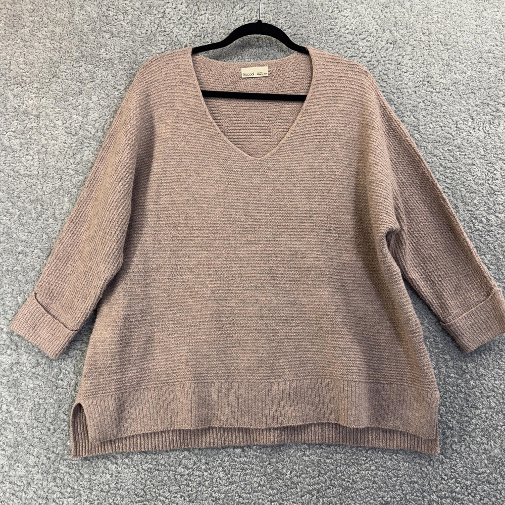Becool Sweater Womens M/L Brown Taupe V Neck Hi Low Oversized Ribbed Knit‎